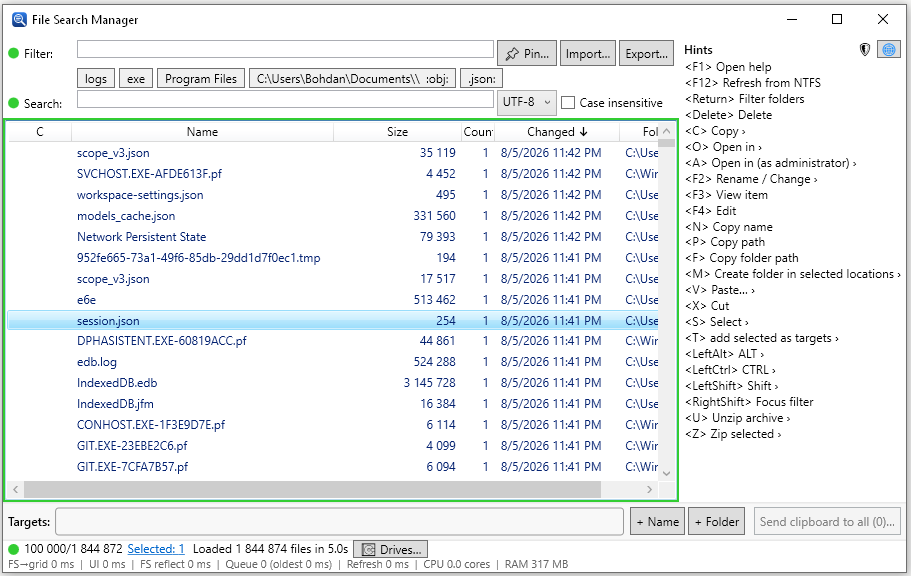 File Search Manager displaying instant search results on Windows
